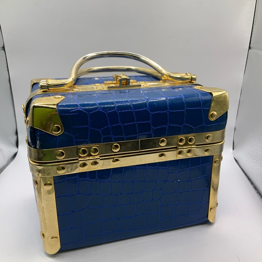 Vintage Blue Faux-Croc Train Case with Gold Hardware